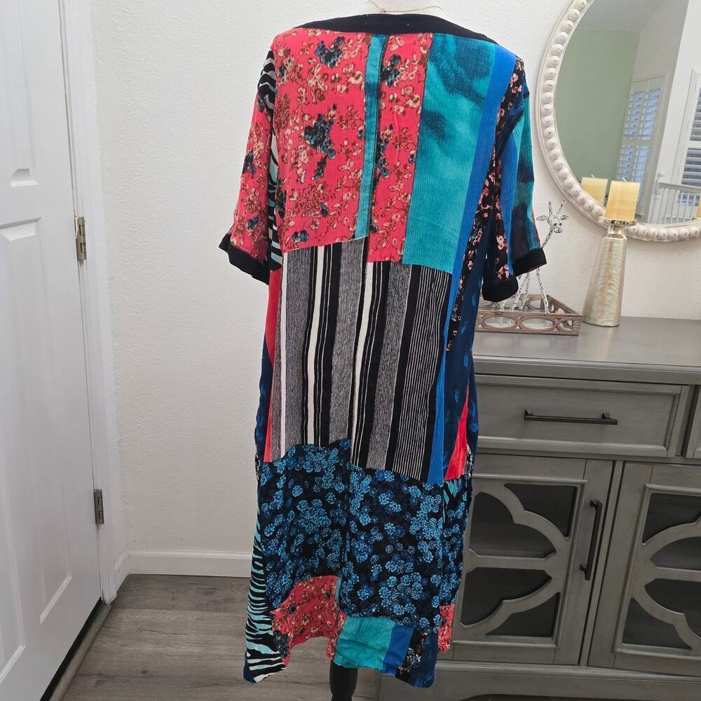 LA CERA Patchwork Button Dress XL Boho Artsy Short Sleeve Lagenlook Bohemian - Picture 5 of 10